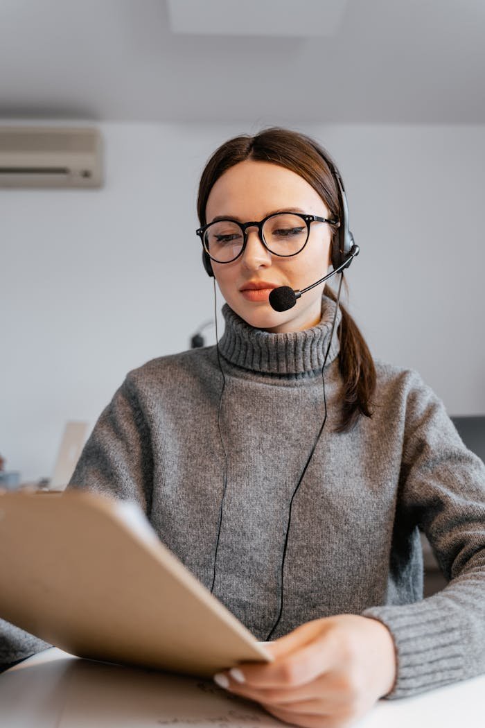 Professional woman in office with headset providing customer support.